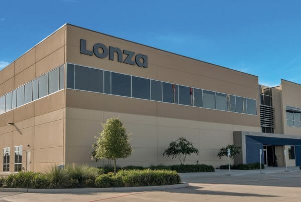 Lonza construction project - front of building showing logo and entrance