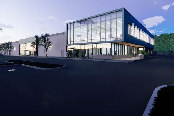 MidtownBio Targan construction project - front of building and entrance rendering