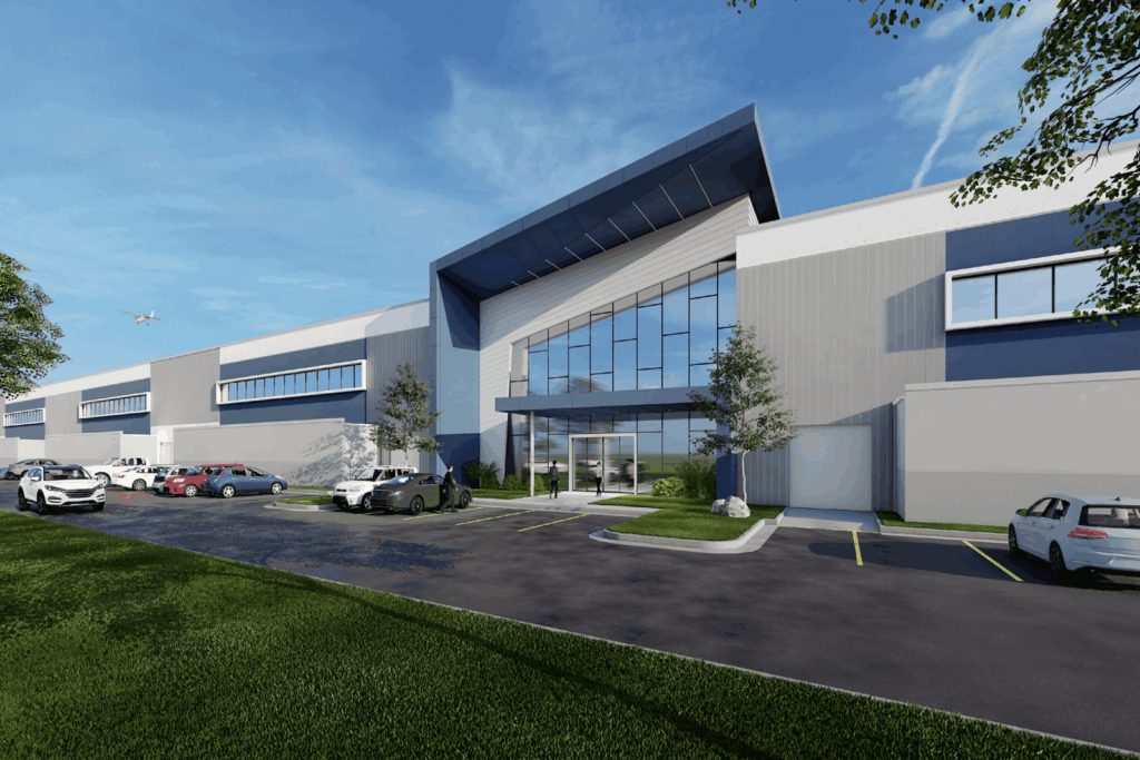 Modern FBO facility with glass facade, parking, and airplane overhead, showcasing aviation construction project