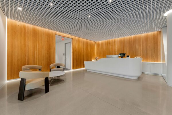 Reception lobby with wood-paneled walls, an open-cell ceiling grid and a curved welcome desk